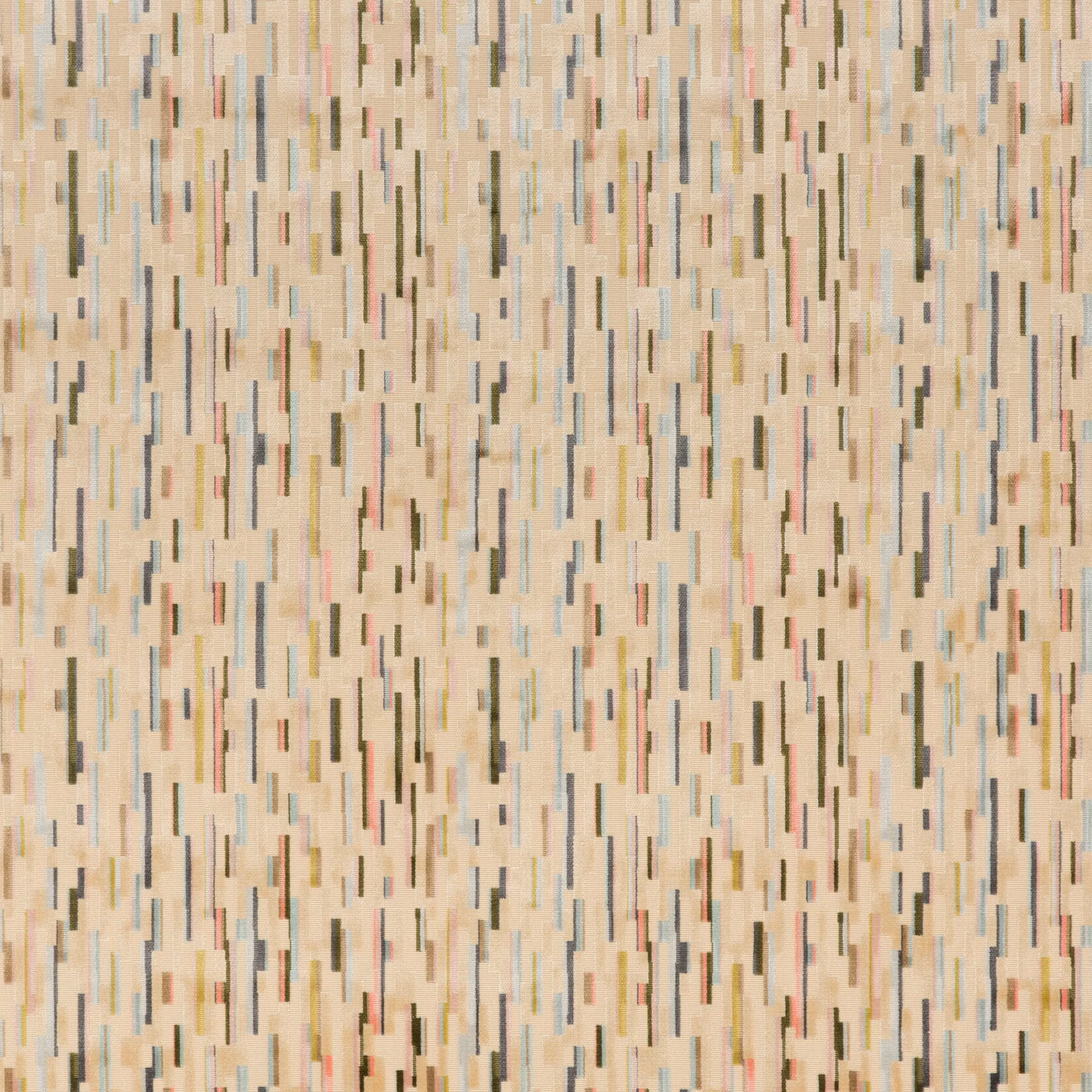 Cream woven ground with broken pewter, blush rose and muted blue vertical dashes