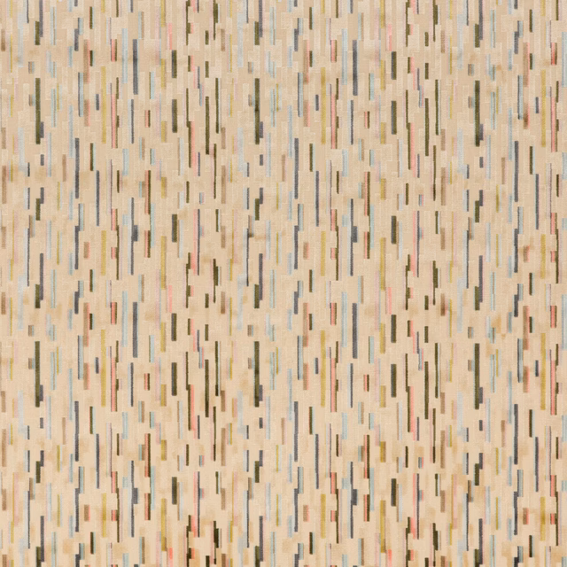 Cream woven ground with broken pewter, blush rose and muted blue vertical dashes