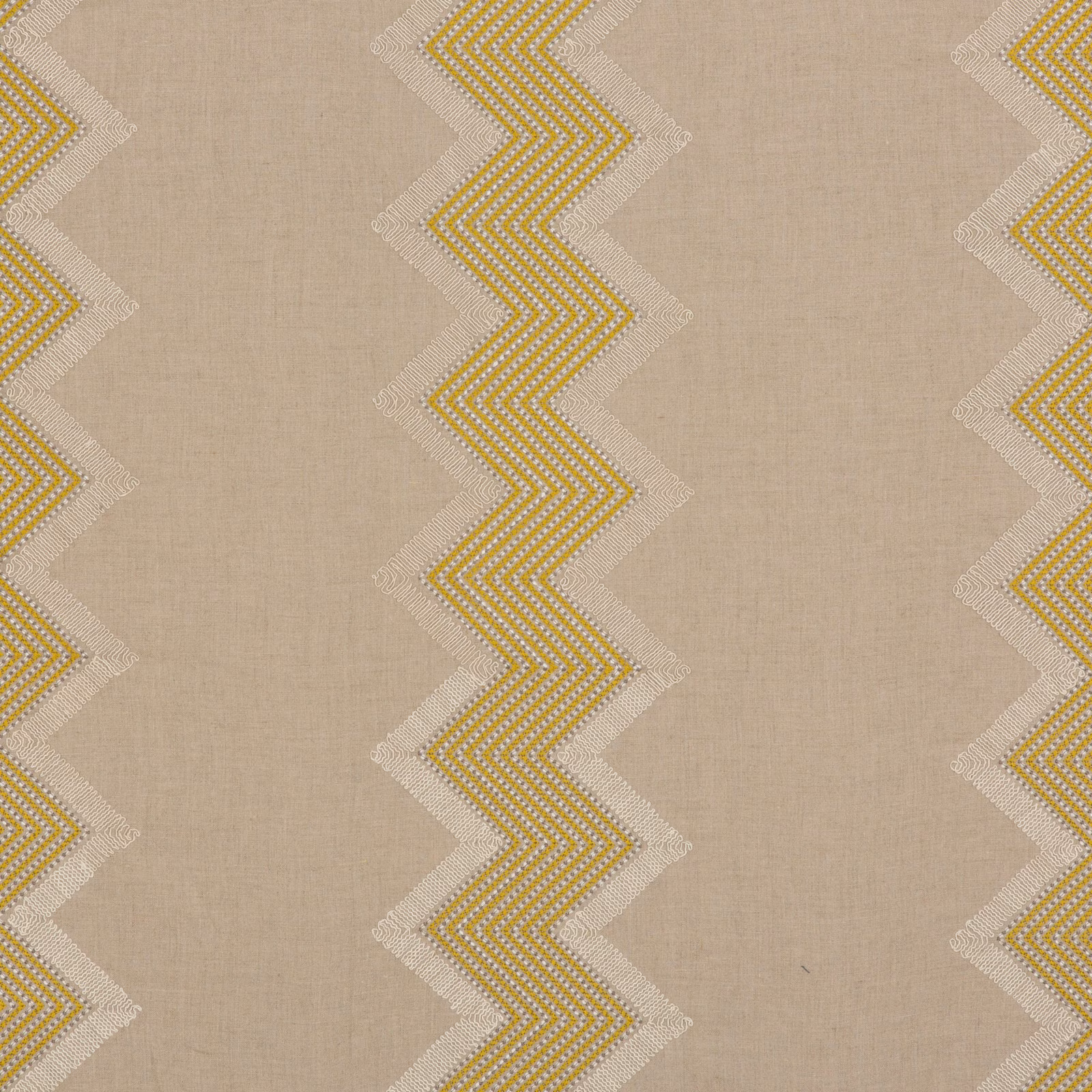 Warm taupe linen ground with repeating gilt and ivory zigzag bands