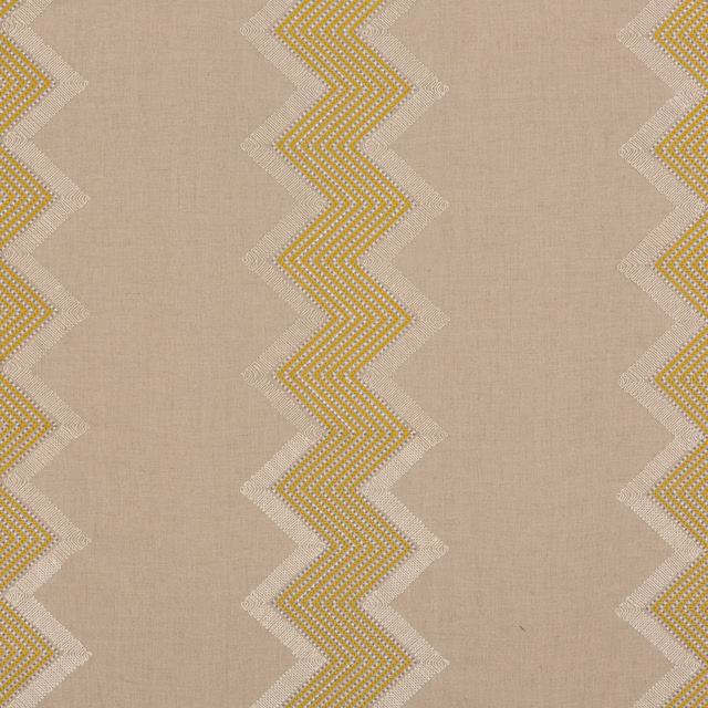 Warm taupe linen ground with repeating gilt and ivory zigzag bands