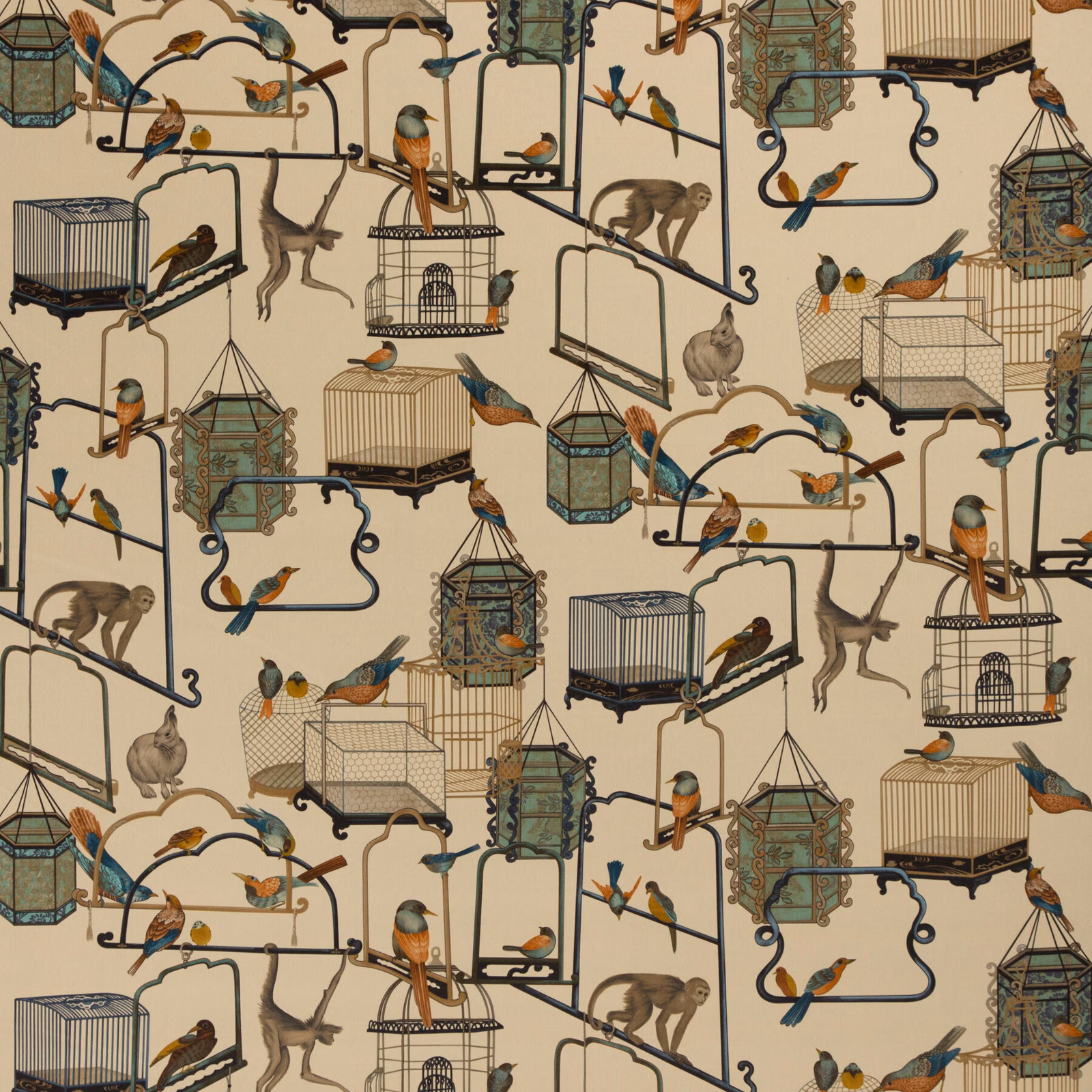 Parchment velvet with birds, cages and monkeys in teal, rust and olive