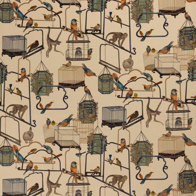 Parchment velvet with birds, cages and monkeys in teal, rust and olive