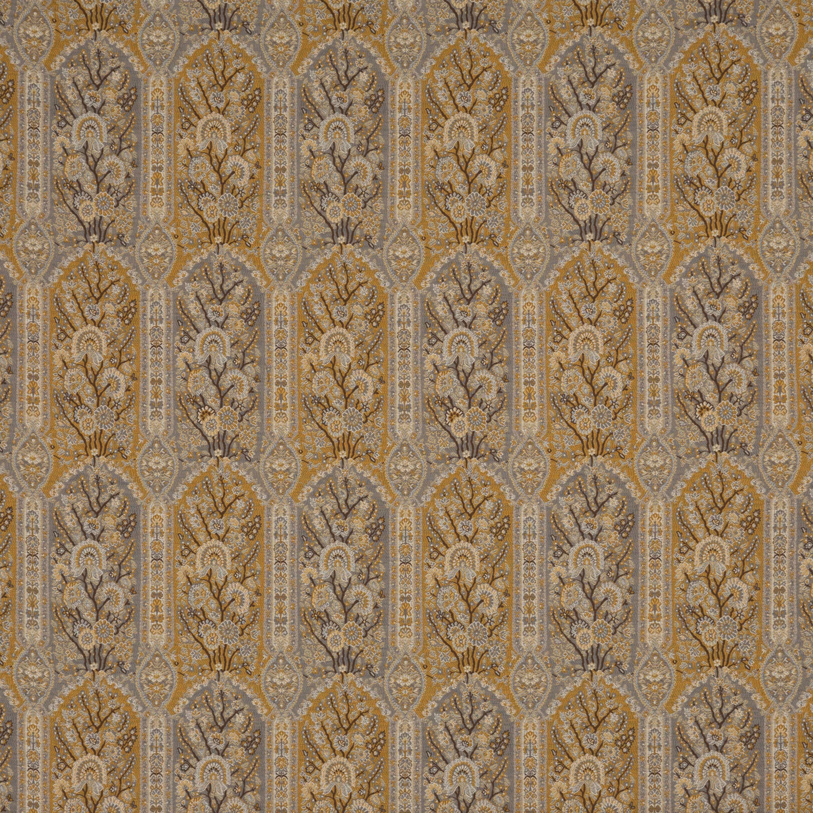 Grey and mustard woven damask with repeating floral ogee columns and textured detail