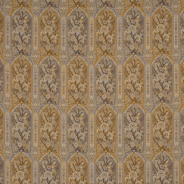 Grey and mustard woven damask with repeating floral ogee columns and textured detail