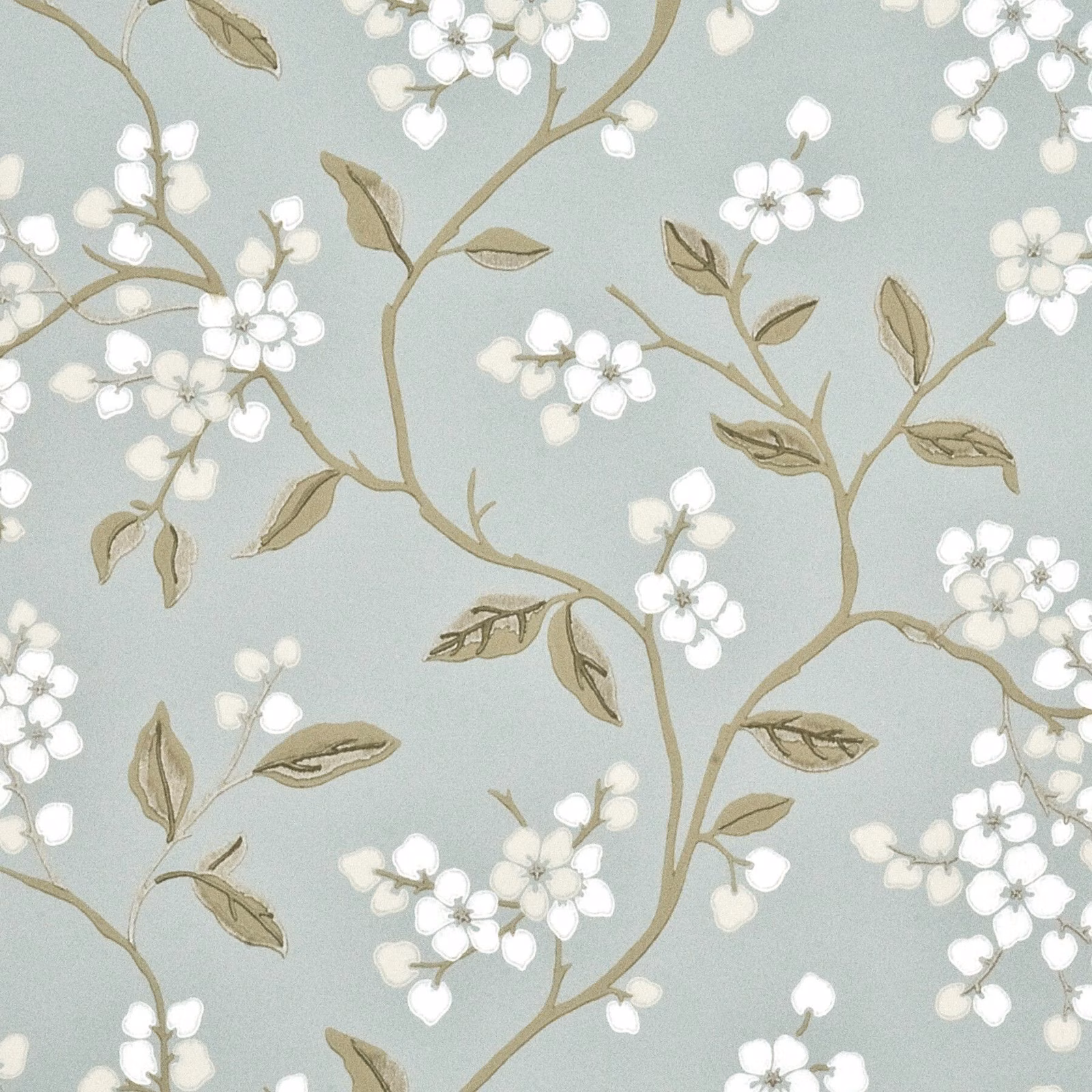 Pale aqua wallpaper with white apple blossom, taupe branches and olive leaves