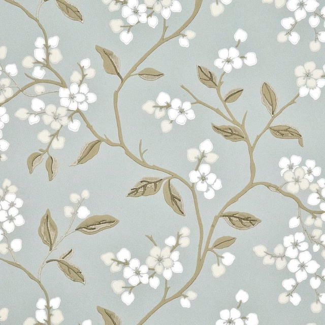 Pale aqua wallpaper with white apple blossom, taupe branches and olive leaves