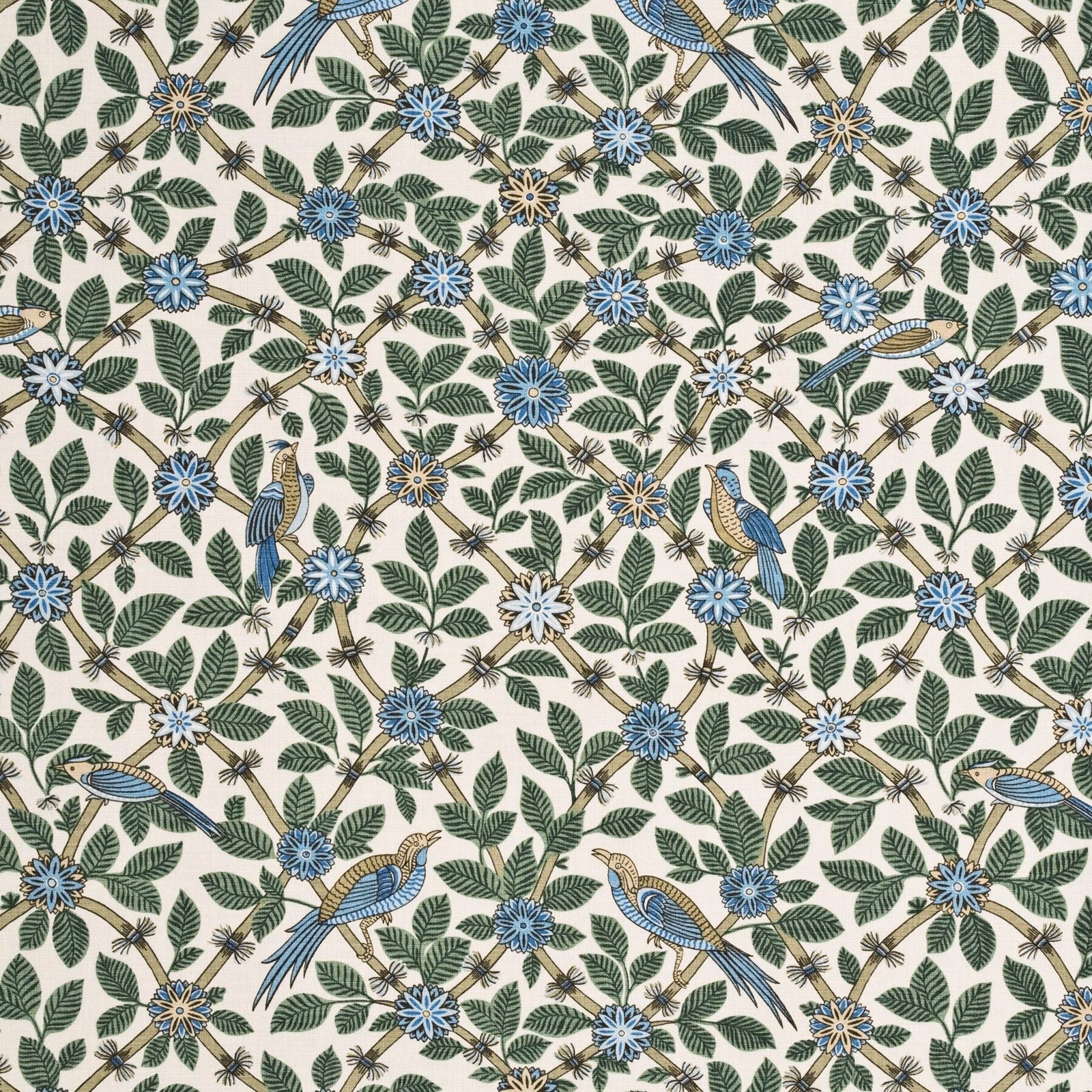 Cream linen with teal birds, blue flowers and dense green leafy trails
