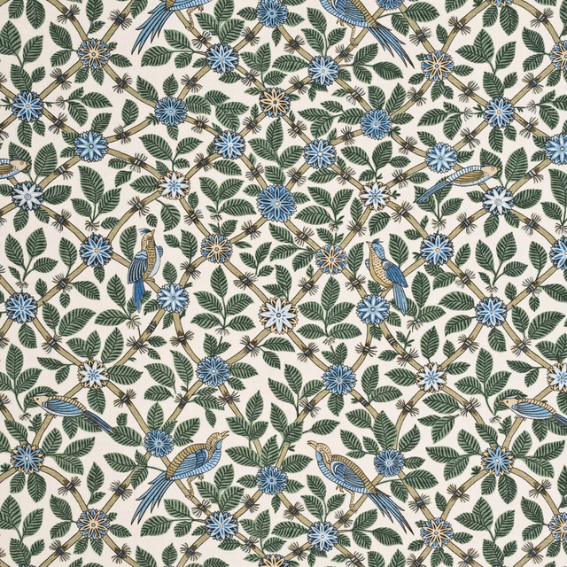 Cream linen with teal birds, blue flowers and dense green leafy trails