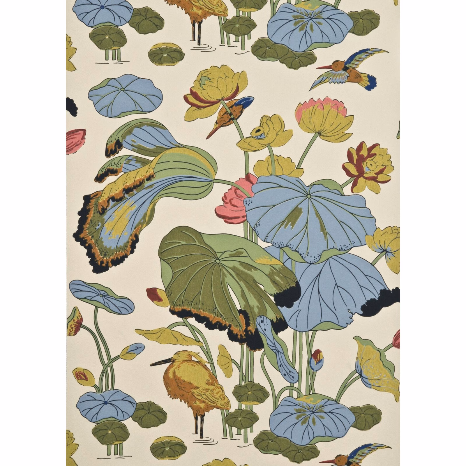 Cream wallpaper with powder-blue lotus leaves, olive foliage, birds and ochre blooms