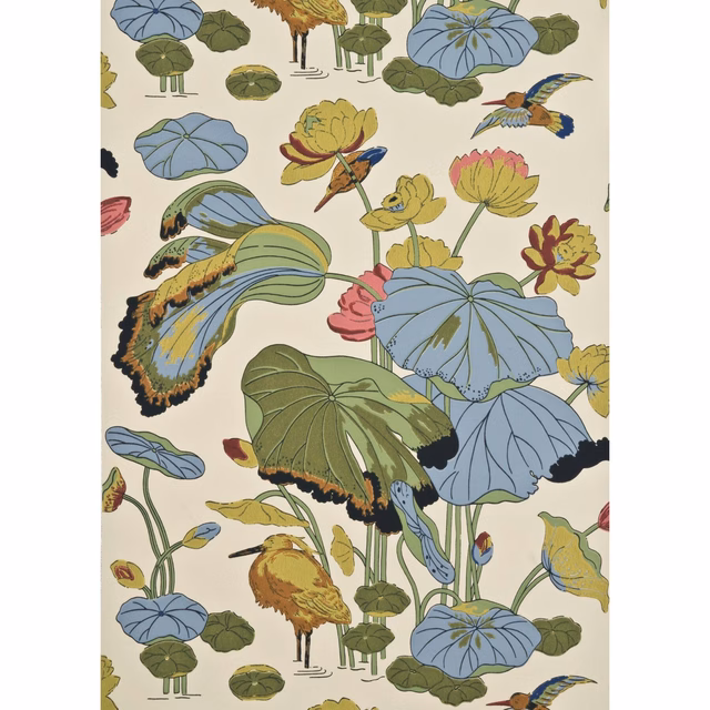 Cream wallpaper with powder-blue lotus leaves, olive foliage, birds and ochre blooms
