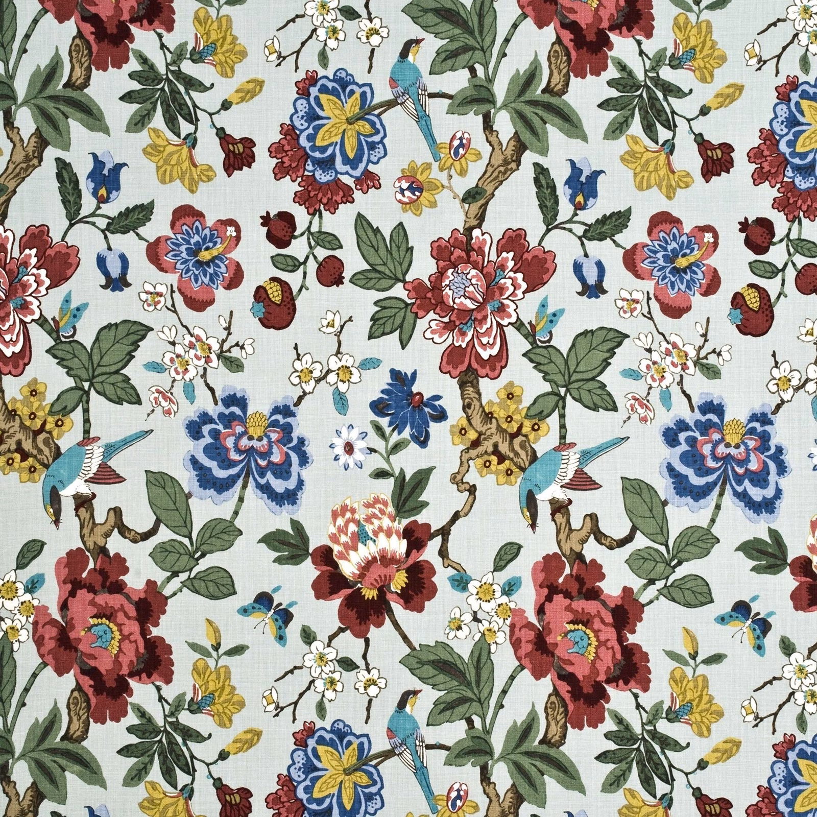 Pale aqua linen with burgundy, blue and yellow flowers, leafy branches and birds