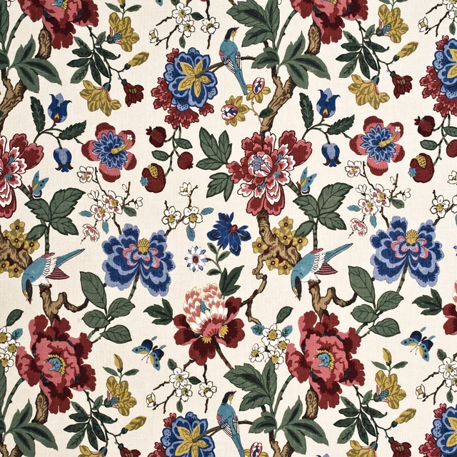 Stone-ground linen with pomegranate and indigo blooms, birds, branches and butterflies.
