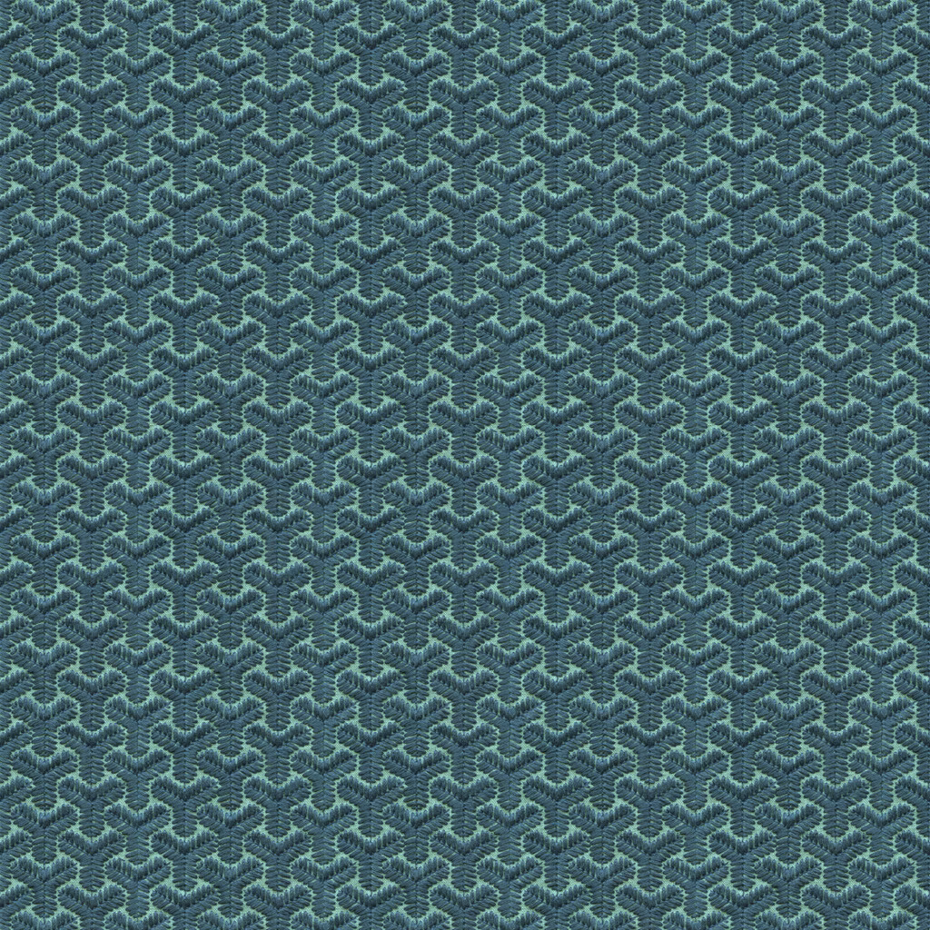 Blue-aqua textile with a densely repeated raised geometric motif and softly mottled texture