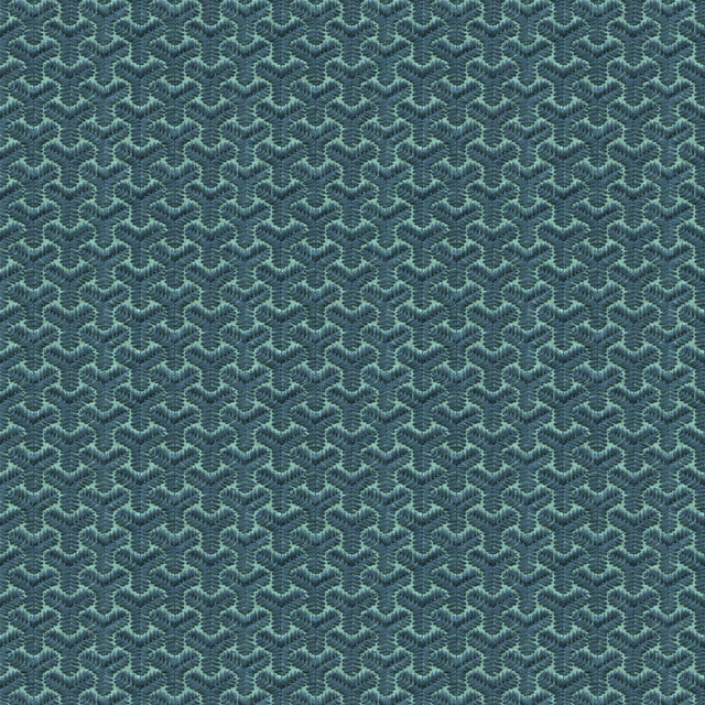 Blue-aqua textile with a densely repeated raised geometric motif and softly mottled texture