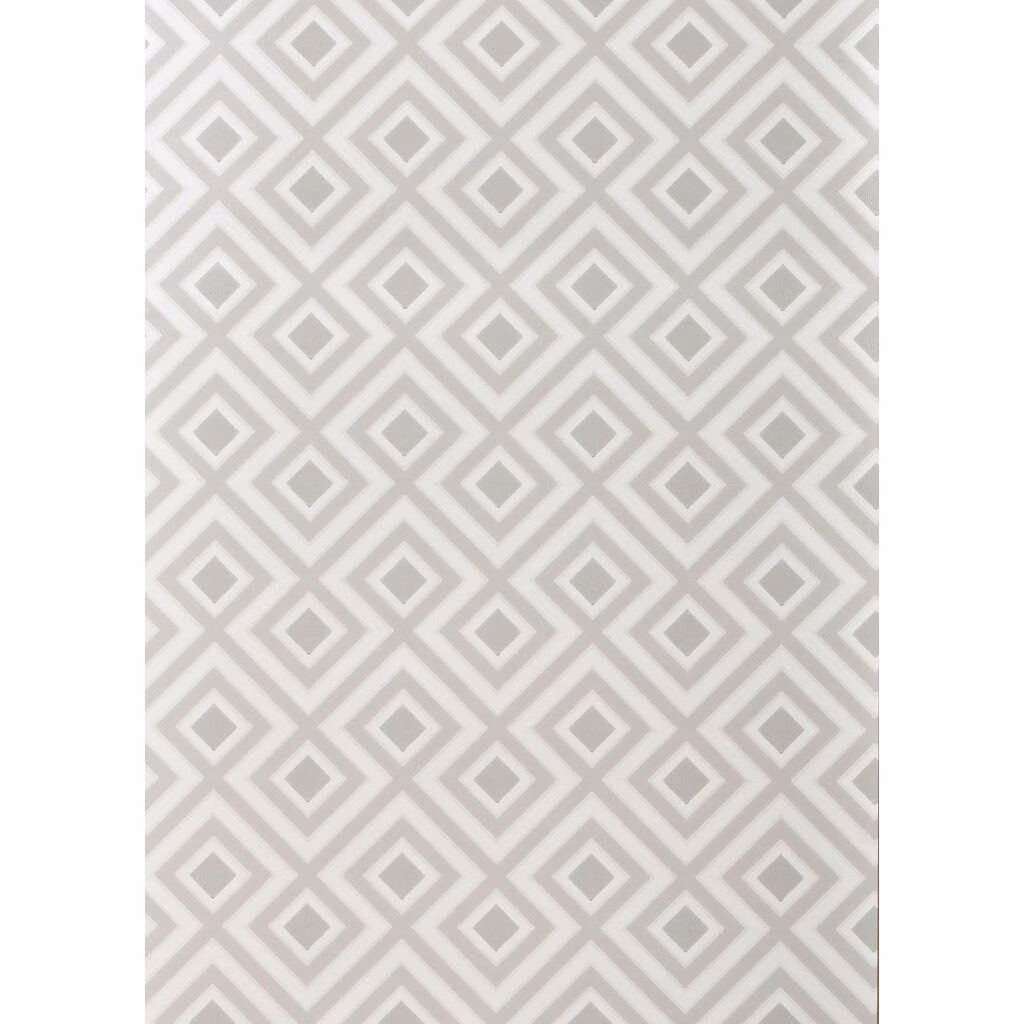 Cool dove-grey wallpaper with repeating white diamond lattice and nested square motifs