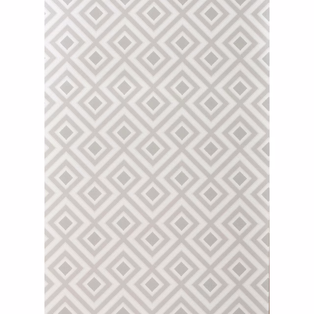 Cool dove-grey wallpaper with repeating white diamond lattice and nested square motifs