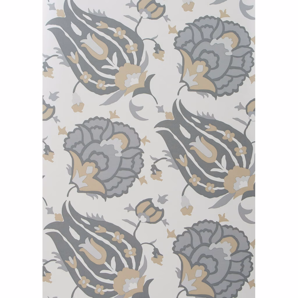 Dove-grey and stone stylised flowers with charcoal leaves on a pale ground
