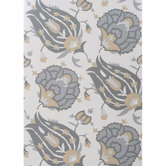 Dove-grey and stone stylised flowers with charcoal leaves on a pale ground