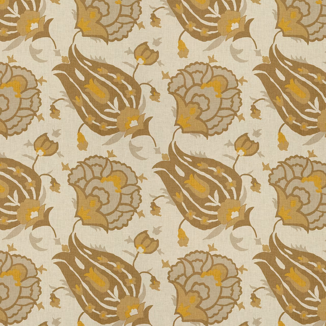Warm grey linen with bronze floral sprays, ochre accents and visible woven texture