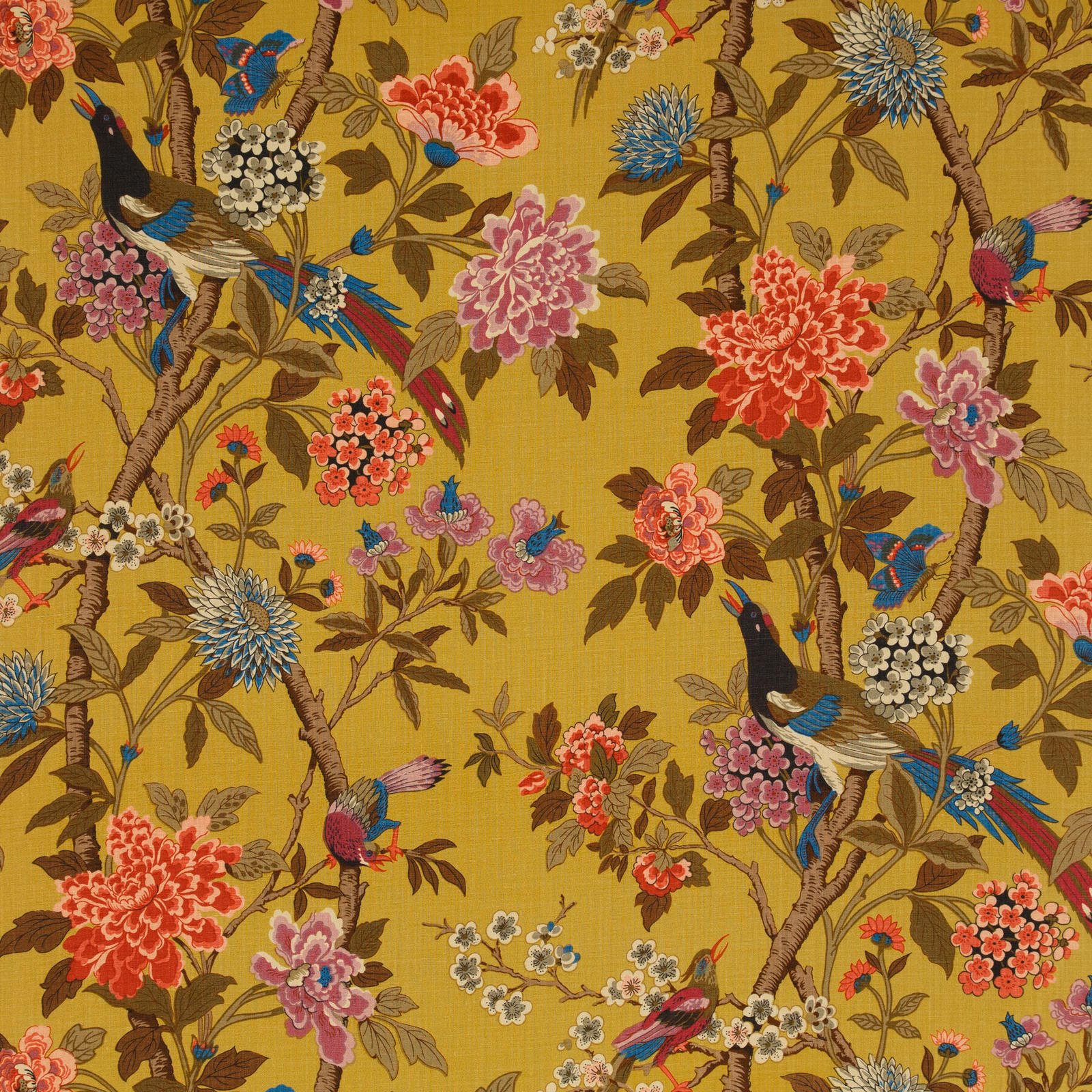 Mustard linen with mauve flowers, branching stems and colourful perched birds