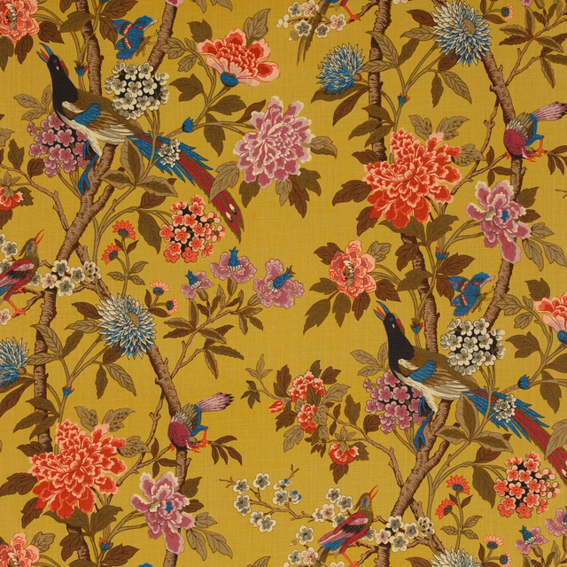Mustard linen with mauve flowers, branching stems and colourful perched birds