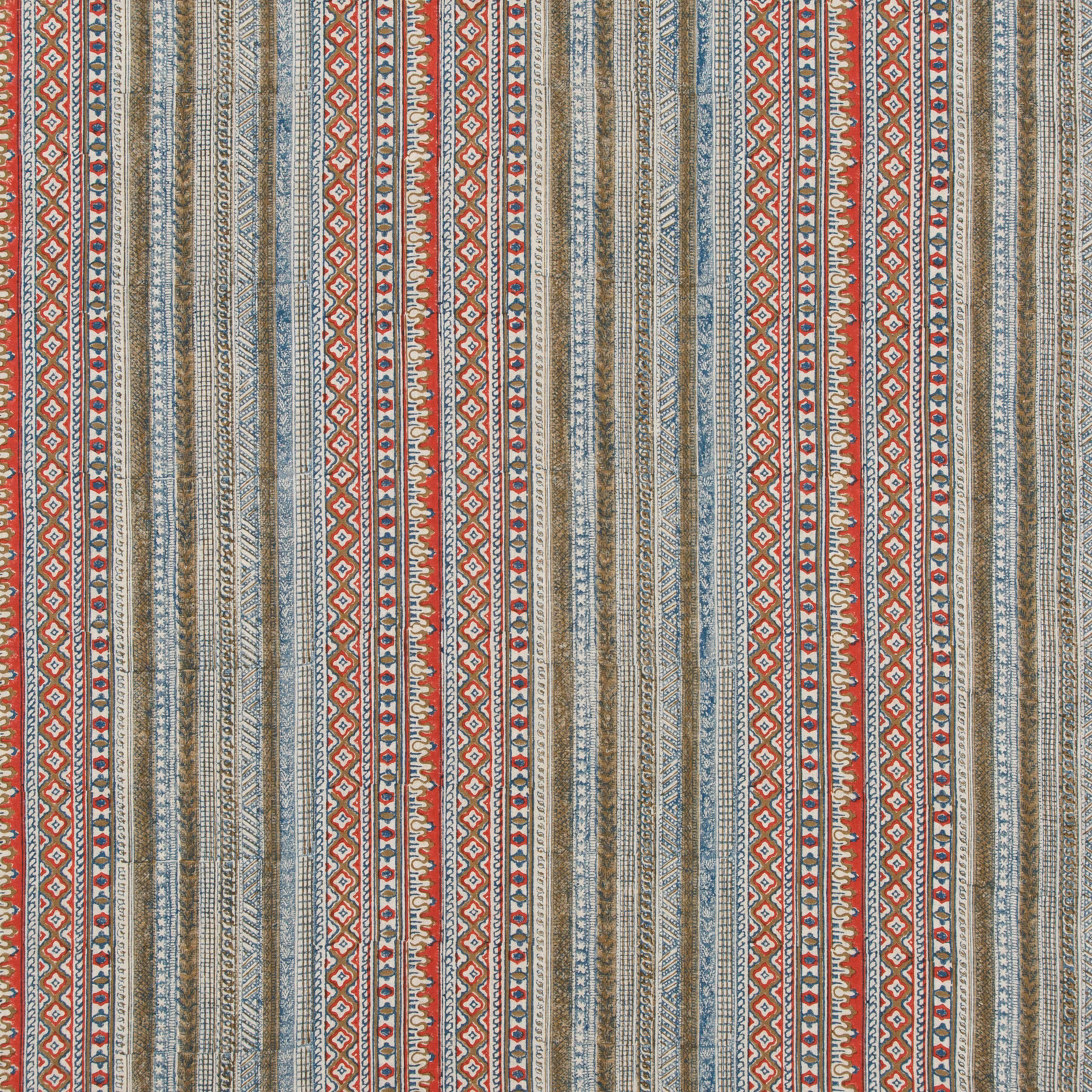 Indigo linen with red, cream and blue-grey geometric vertical stripes