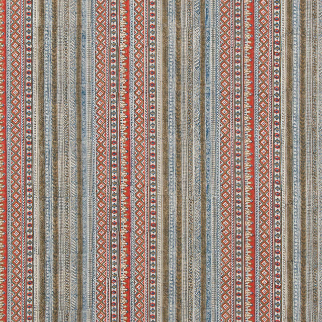 Indigo linen with red, cream and blue-grey geometric vertical stripes