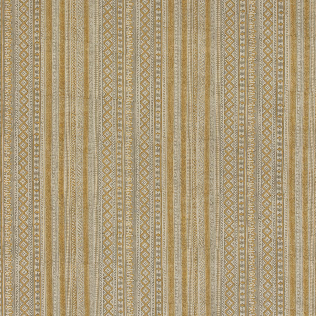 Muted ochre and linen-beige vertical stripes with fine geometric woven bands