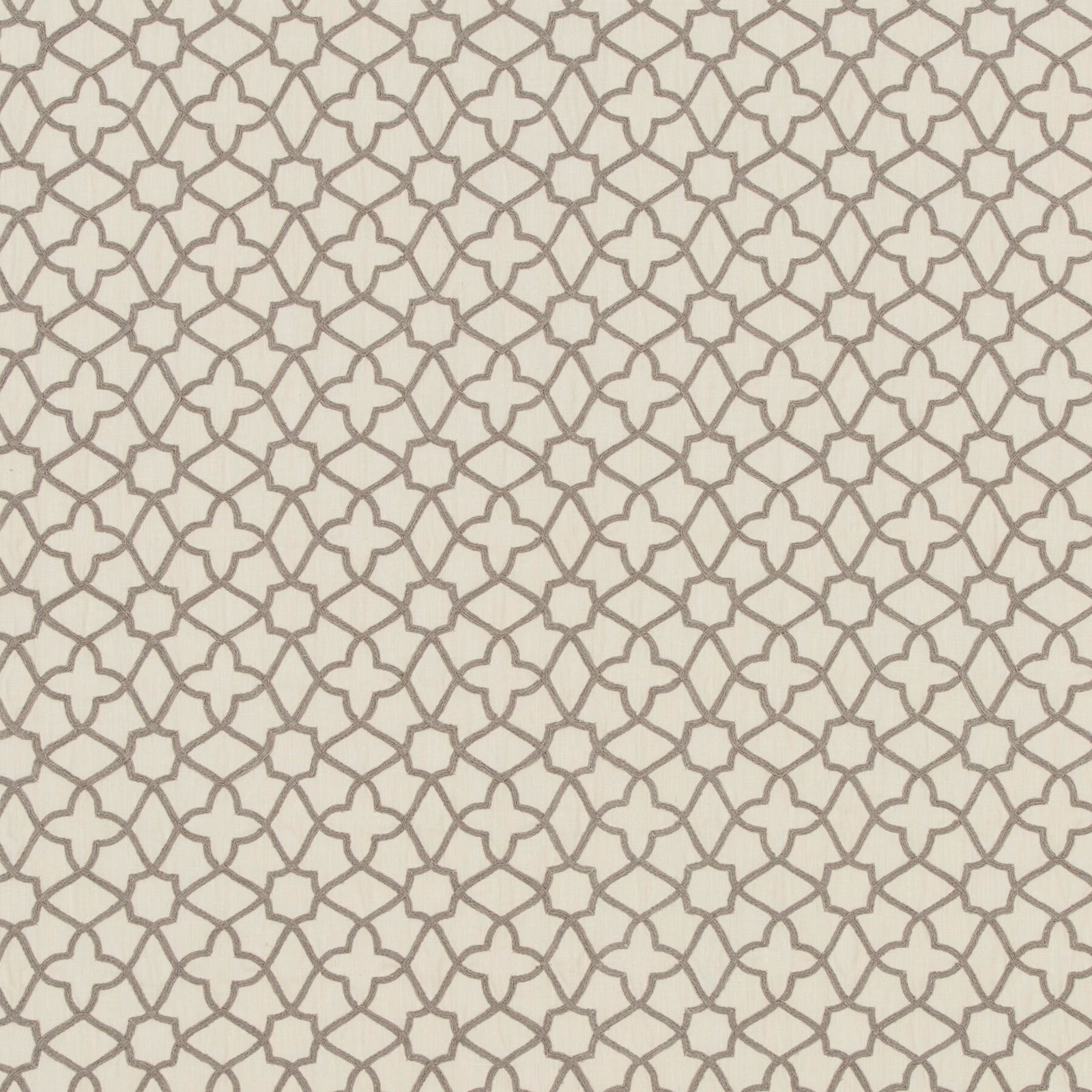 Cream woven fabric with fine taupe interlocking quatrefoil lattice