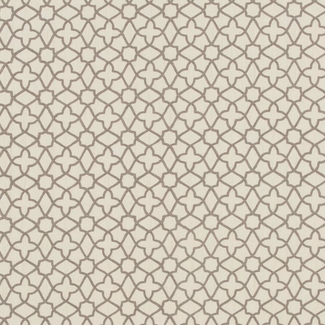 Cream woven fabric with fine taupe interlocking quatrefoil lattice