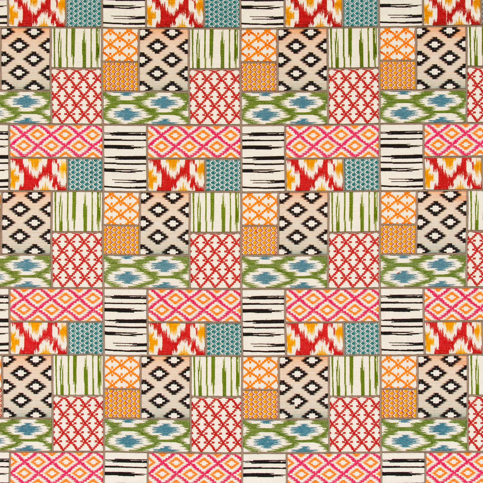 Warm spice patchwork fabric with red diamonds, green stripes, teal motifs and cream grounds