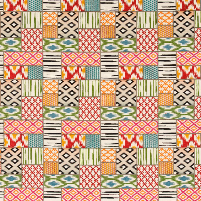 Warm spice patchwork fabric with red diamonds, green stripes, teal motifs and cream grounds