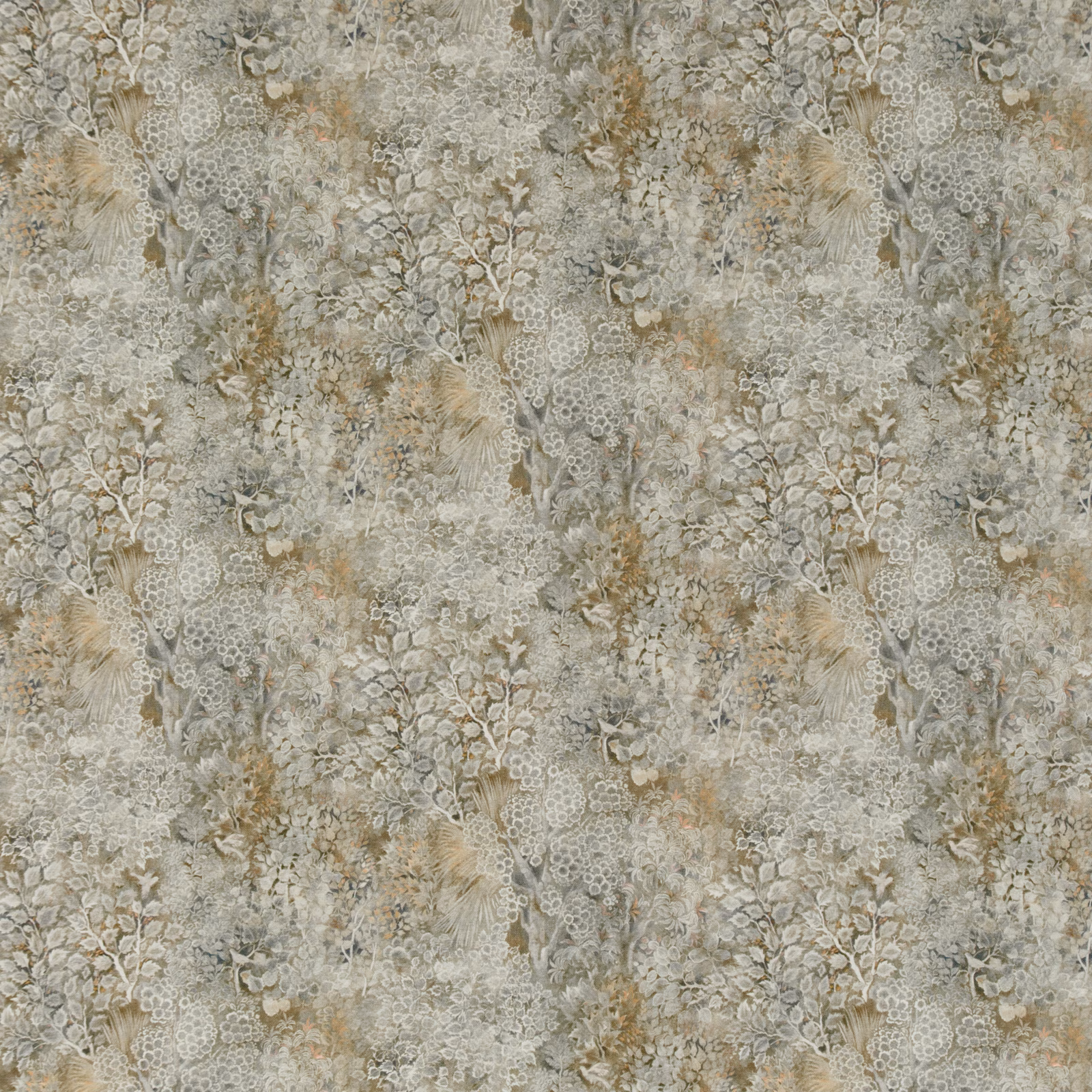 Mottled natural fabric with pale grey botanical stems, leaves and feathery floral motifs