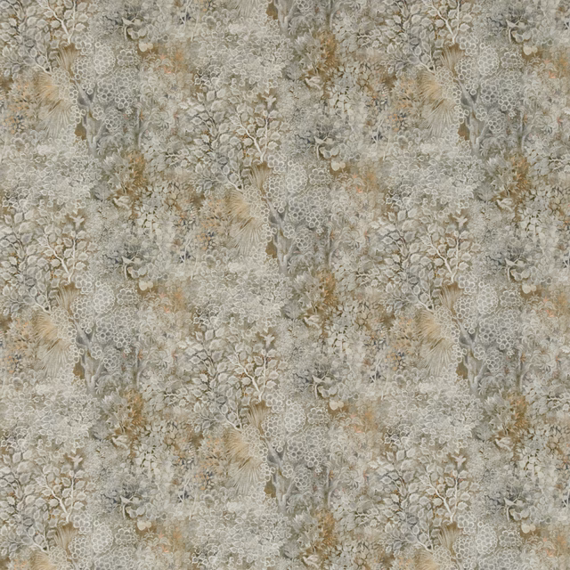 Mottled natural fabric with pale grey botanical stems, leaves and feathery floral motifs