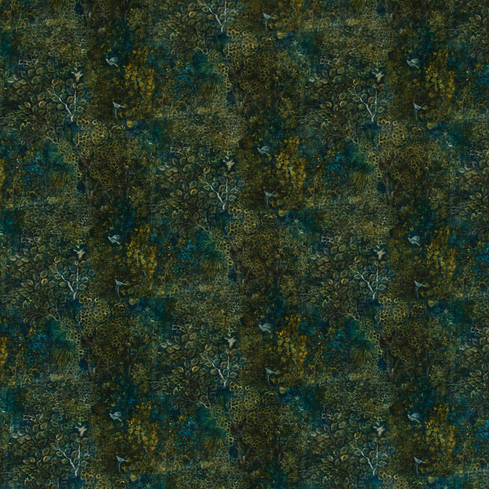 Deep peacock teal velvet with olive-gold botanical sprigs and mottled texture