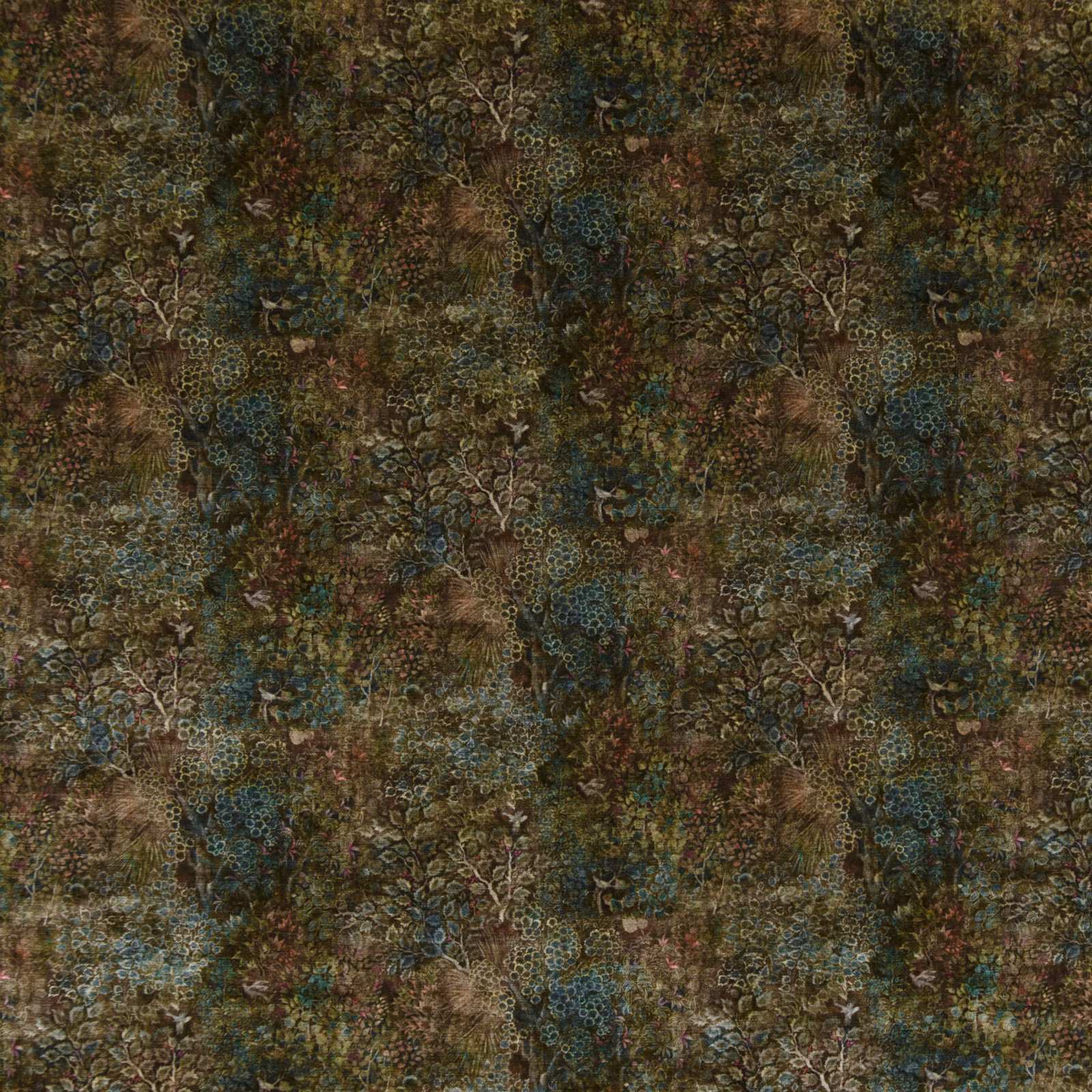 Dense teal and spice botanical velvet with olive, brown and turquoise floral clusters
