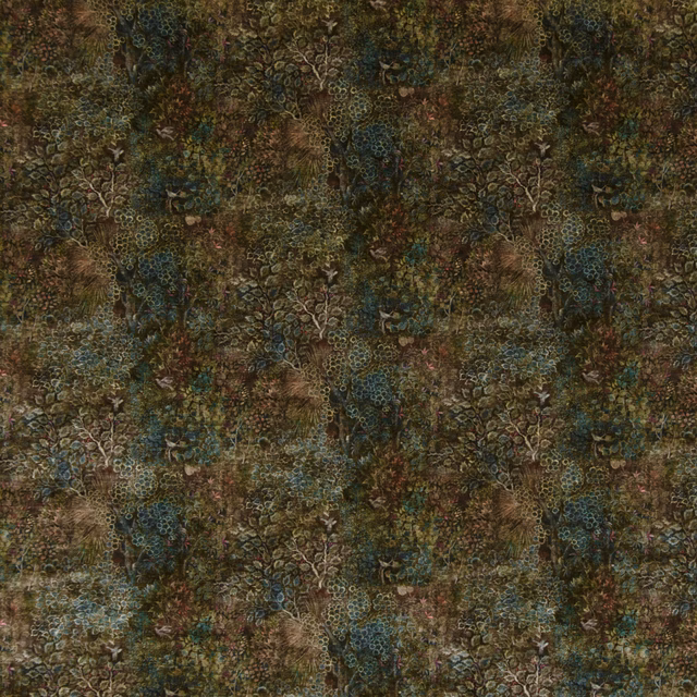 Dense teal and spice botanical velvet with olive, brown and turquoise floral clusters