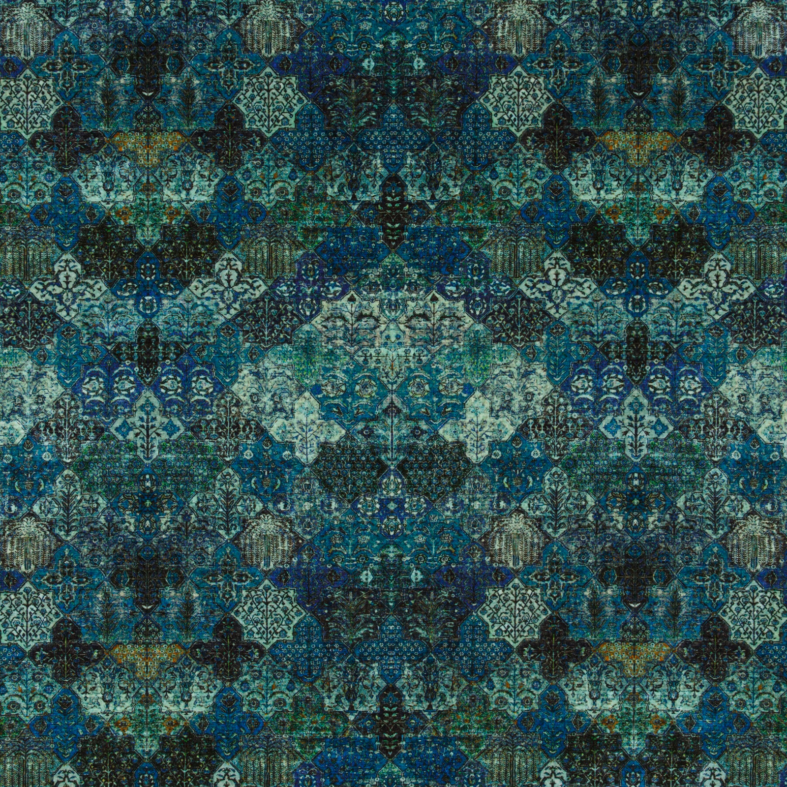Peacock blue and teal ornate woven pattern with dark medallion motifs