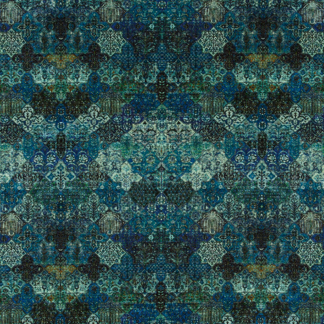 Peacock blue and teal ornate woven pattern with dark medallion motifs