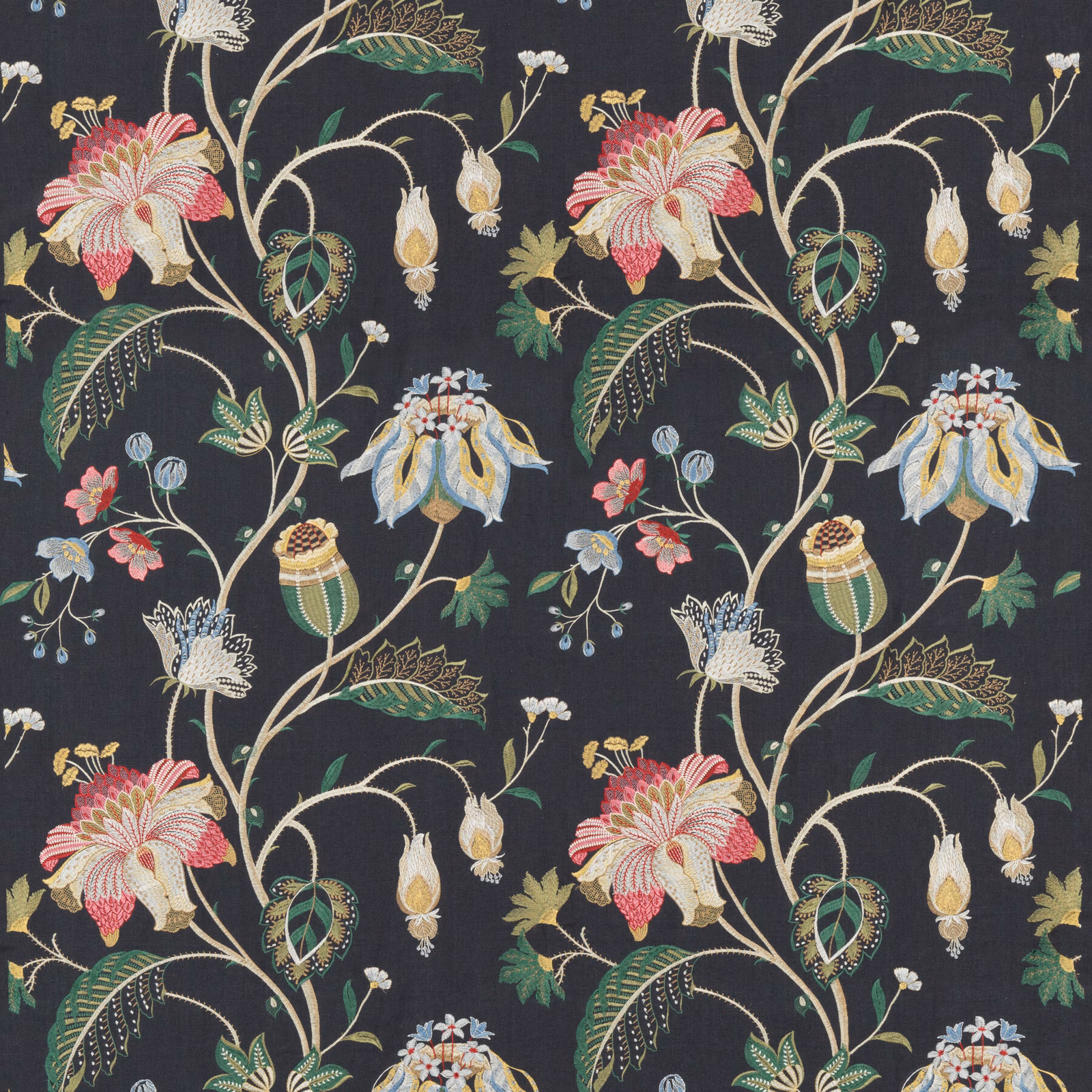 Charcoal-indigo floral fabric with coral blooms, sage leaves and curling botanical stems