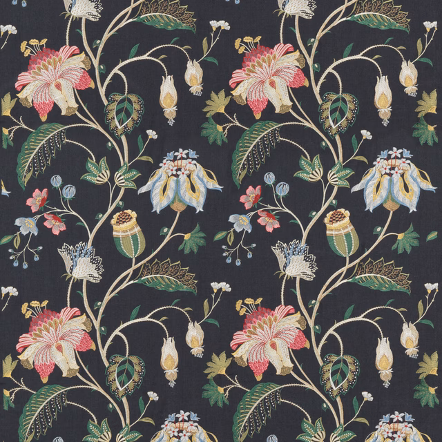 Charcoal-indigo floral fabric with coral blooms, sage leaves and curling botanical stems