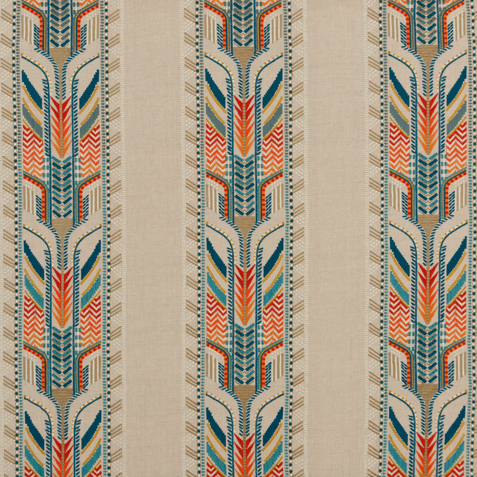 Oatmeal linen with vertical teal, coral and ochre geometric arrow motifs