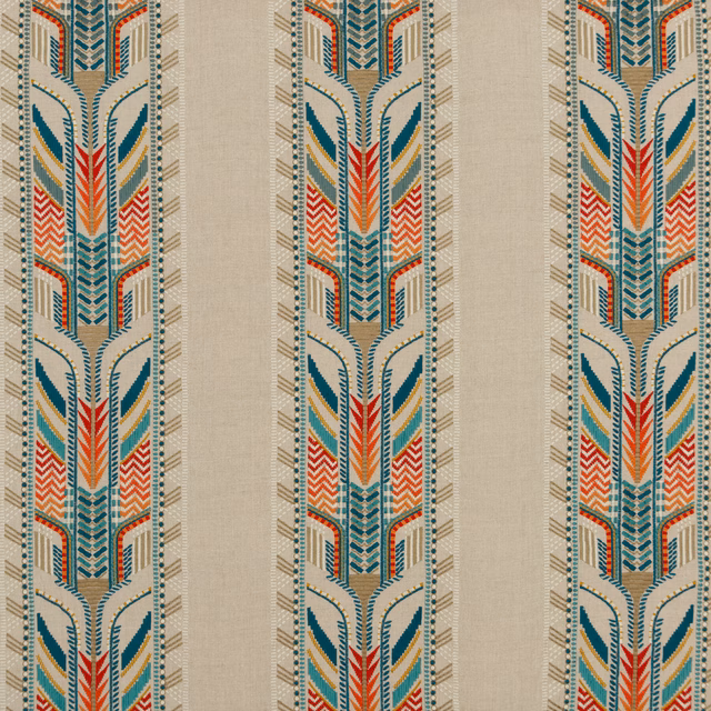 Oatmeal linen with vertical teal, coral and ochre geometric arrow motifs