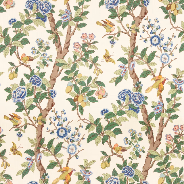 Cream-ground Eldon textile with blue flowers, green leaves, birds and branching trees