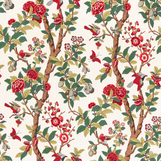 Cream botanical fabric with crimson roses, green leaves, birds and branching trees