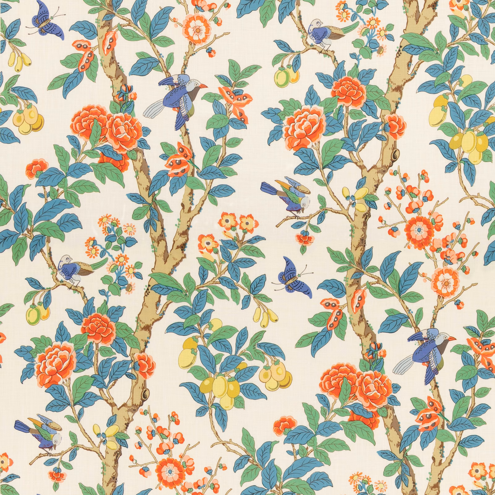 Cream Eldon Jazz fabric with coral peonies, blue birds and leafy branches