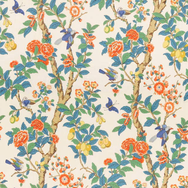 Cream Eldon Jazz fabric with coral peonies, blue birds and leafy branches
