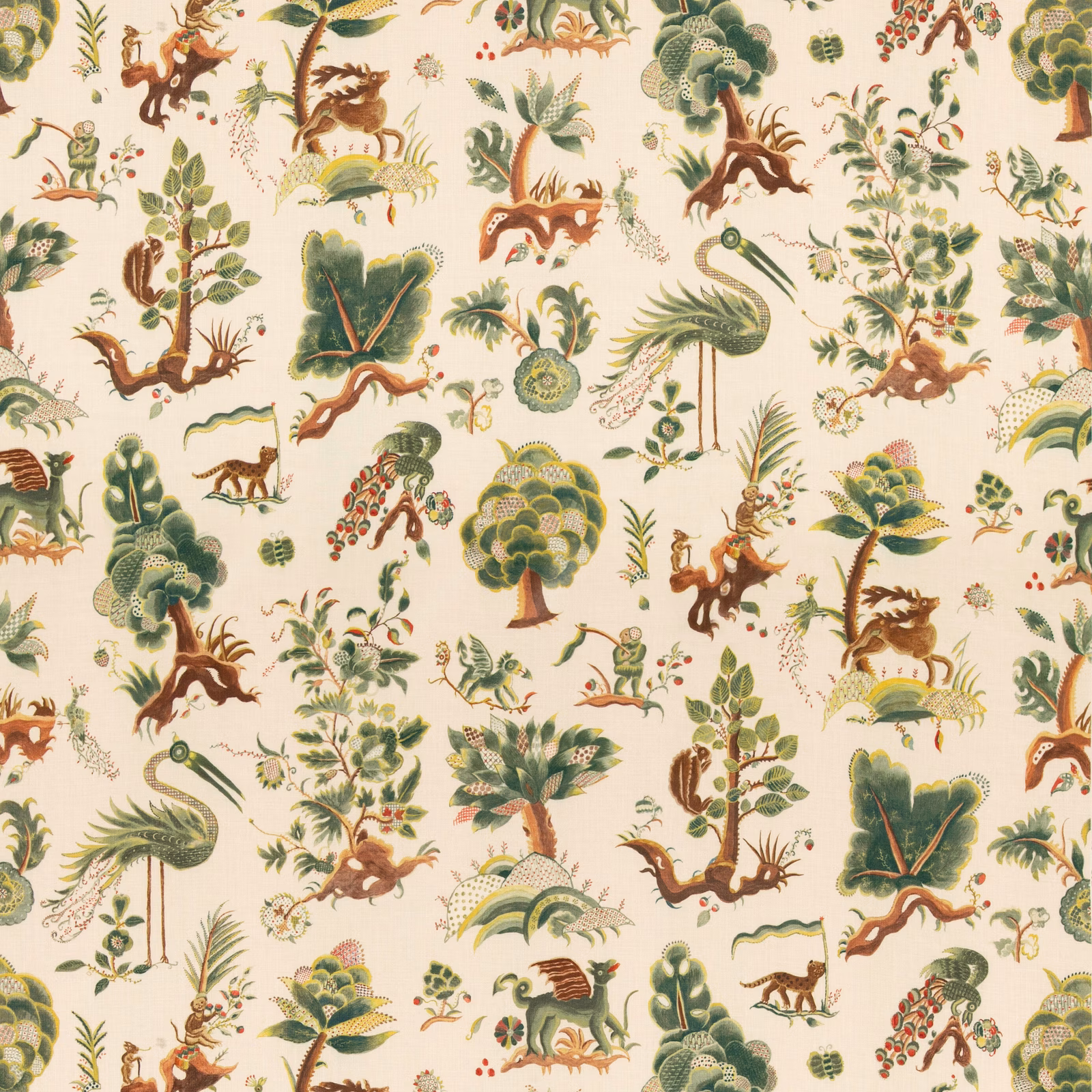 Cream fabric with moss foliage, russet animals, palms and botanical illustrations