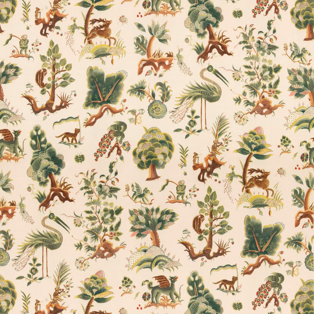 Cream fabric with moss foliage, russet animals, palms and botanical illustrations