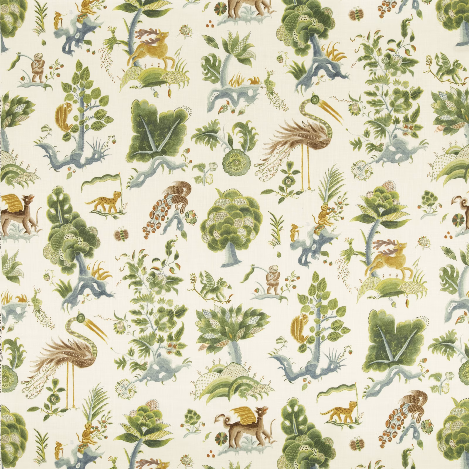 Ivory textile scattered with emerald foliage, blue birds, animals and delicate botanical details